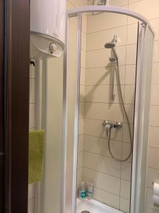 La salle de bains est pourvue d'une douche avec une porte en verre. dans l'établissement Квартира, à Dnipro