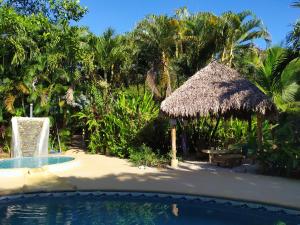 un complejo con una piscina y una cabaña de paja en Indigo Yoga Surf Resort, en Mal País