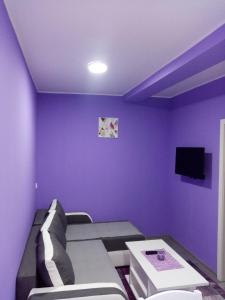 Cette chambre violette dispose d'un canapé et d'une télévision. dans l'établissement Apartmani SAN, à Nova Varoš