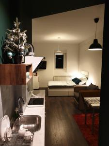Sala de estar con cocina y dormitorio en Studio Apartment "Savski Trg", en Belgrado