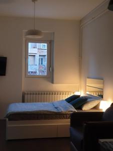 1 dormitorio con cama y ventana en Studio Apartment "Savski Trg", en Belgrado