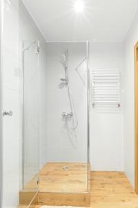 La salle de bains est pourvue d'une douche avec une porte en verre. dans l'établissement KUBAN апартаменти, à Yaremtche
