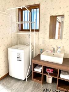eine Waschküche mit Waschmaschine, Trockner und Waschbecken in der Unterkunft 富士晴 Guest House in Minamitsuru