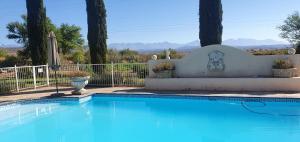 una piscina blu con recinzione e alberi di Mayfair Farm Cottages a Oudtshoorn