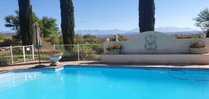 a blue swimming pool with a fence and trees at Mayfair Farm Cottages in Oudtshoorn