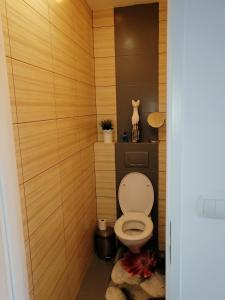 y baño con aseo y paredes de madera. en Apartament szafirowa25 pietro1, en Kołobrzeg
