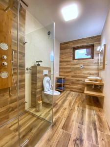 a bathroom with a toilet and a glass shower at Panorama Home Valča in Valča