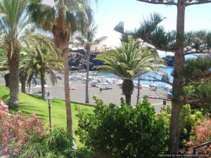 vista su una spiaggia con palme e barche di Holiday house Parque Azul Playa La Arena FREE WIFI a Puerto de Santiago