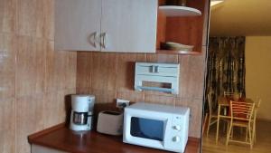 a kitchen with a microwave and a coffee maker on a counter at Cabana Beea in Dubova