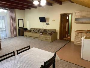 a living room with a couch and a tv at Central Courtyard in Slavske