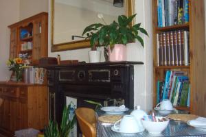 una mesa con una planta encima de una chimenea en Harlequin Guest House with parking, en Weymouth