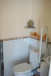 a bathroom with a white toilet and a sink at Harlequin Guest House with parking in Weymouth