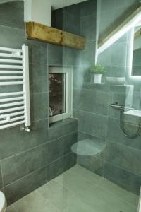 uma casa de banho com um chuveiro e uma porta de vidro em Central Sweet Home I.M. em Novi Sad