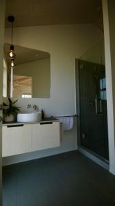 uma casa de banho com um lavatório, um espelho e um chuveiro em One O One Cabins, Waiheke Island em Oneroa