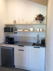 欧尼罗亚One O One Cabins, Waiheke Island的配有水槽和微波炉的厨房