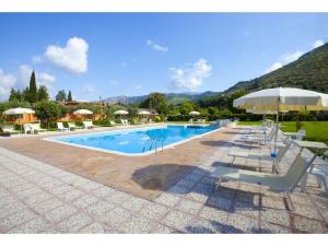 a large swimming pool with chairs and an umbrella at Le Camere Pinte in Sermoneta