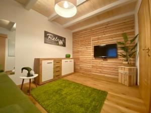 a living room with a television and a green rug at AlpenApartment mit NationalparkCard in Bramberg am Wildkogel