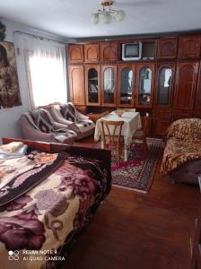 a living room with a couch and a table in it at Садиба Брусний in Mykulychyn