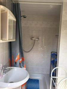 a bathroom with a shower and a sink at Ferienbungalow Karnitz/Rügen in Karnitz