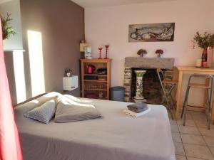 ein Wohnzimmer mit einem Bett und einem Kamin in der Unterkunft Les Gites de la Valette in Ménil-Hubert-sur-Orne