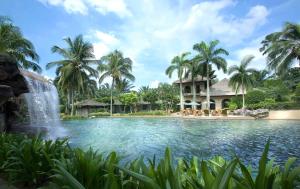 - une piscine avec une cascade en face d'une maison dans l'établissement Cyberview Resort & Spa, à Cyberjaya