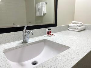 a white sink in a bathroom with a mirror at University Inn of Carbondale in Carbondale