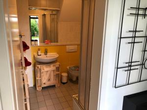 a bathroom with a sink and a toilet at Ferienwohnungostseeblick in Börgerende-Rethwisch +76 photos