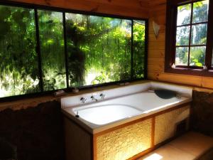 a bath tub in a room with two windows at Clover Cottage Country Retreat in Manjimup