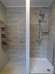 a bathroom with a shower with a tub at La douceur du lagon in La Saline les Bains