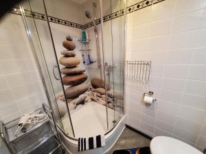 a bathroom with a stack of rocks in a shower at B & B Gästehaus Schmidt in Lichtenberg