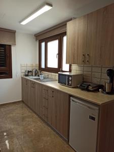 a kitchen with wooden cabinets and a counter top at River Apartments in Galata