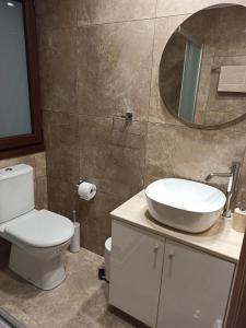 bagno con servizi igienici, lavandino e specchio di River Apartments a Galata