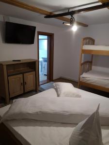 a bedroom with two beds and a flat screen tv at Casa Livada Bunicii in Târgu Ocna