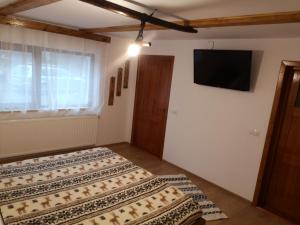 a bedroom with two beds and a flat screen tv at Casa Livada Bunicii in Târgu Ocna
