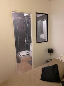 a bedroom with a glass door leading to a shower at chez Muriel,T2 de charme, parc Ste Marie, Nancy Thermal, Mon Désert in Nancy +13 photos