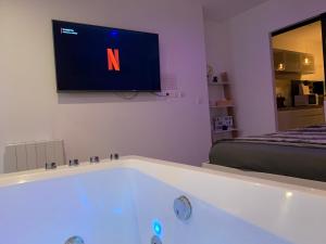 a bathroom with a tub with a tv on the wall at Le Nid de la Chouette - Gare & Cité by Apparts Spa Dijon in Dijon