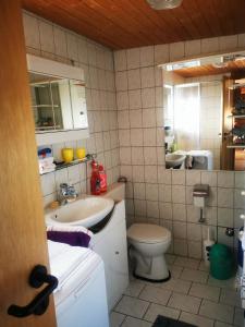 a bathroom with a sink and a toilet and a mirror at Ferienhaus mit riesen Garten, drei Terrassen, toller Aussicht am Waldrand, auch als Monteur-Wohnung in Hemer