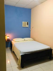 1 dormitorio con 1 cama con pared azul en Black Lion Inn en Santiago