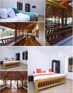 a collage of four pictures of a bedroom at Wayal Wayanad Heritage villa in Panamaram