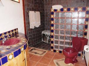 een badkamer met een rood toilet en een wastafel bij Cascata Del Bosco Cabinas in San Vito