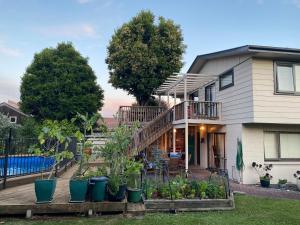 a house with potted plants in the front yard at Feel at Home in Tauranga