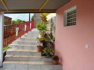 un escalier avec des plantes en pot et un mur rose dans l'établissement Appartement de 2 chambres avec piscine privee jardin clos et wifi a Riviere Pilote a 5 km de la plage, à Rivière-Pilote