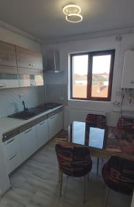 a kitchen with a table and chairs and a window at Studio Elisa in Caransebeş