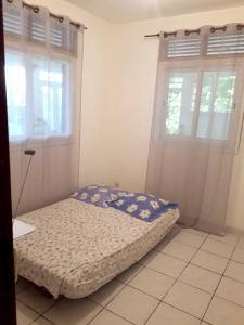 uma pequena cama num quarto com duas janelas em Maison de 3 chambres avec vue sur la mer terrasse et wifi a Vieux Habitants em Vieux-Habitants