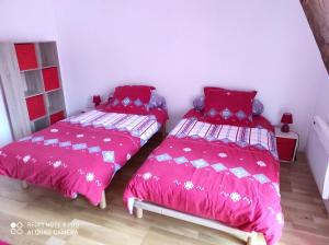 - 2 lits dans une chambre avec couette rose dans l'établissement Maison d'une chambre avec terrasse amenagee et wifi a Solesmes, à Solesmes