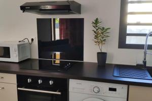 una cocina con microondas y un ordenador portátil en una encimera en Appartement charmant à Saint Pierre 44 m² avec jardin clôturé, en Saint-Pierre
