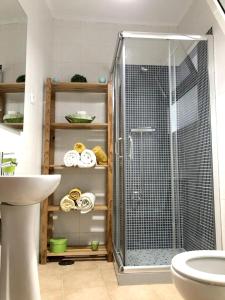 a bathroom with a shower and a sink at Comfortable House in Ribeira Grande, Pleasant Garden in Ribeira Grande