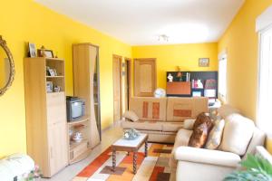 sala de estar con sofá y TV en 4 bedrooms house with enclosed garden at Touro, en Touro