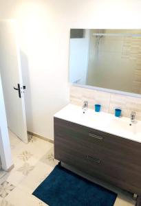 ein Bad mit einem Waschbecken und einem Spiegel in der Unterkunft Maison d'une chambre avec jardin amenage et wifi a Saint Julien in Saint-Julien