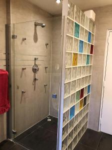 uma casa de banho com um chuveiro com azulejos coloridos em Appartement de 3 chambres avec jardin clos et wifi a Sannois em Sannois